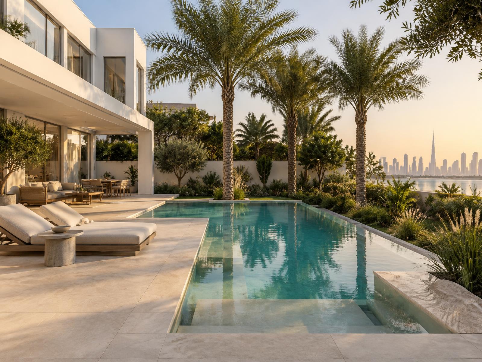 Swimming pool and landscaped villa garden in Dubai