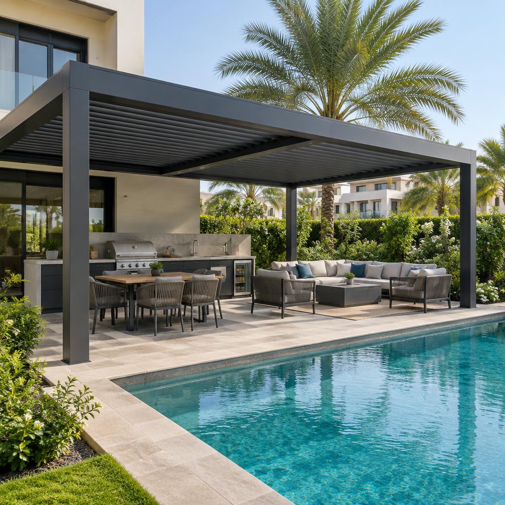 Poolside pergola and kitchen – villa pool and garden inspiration